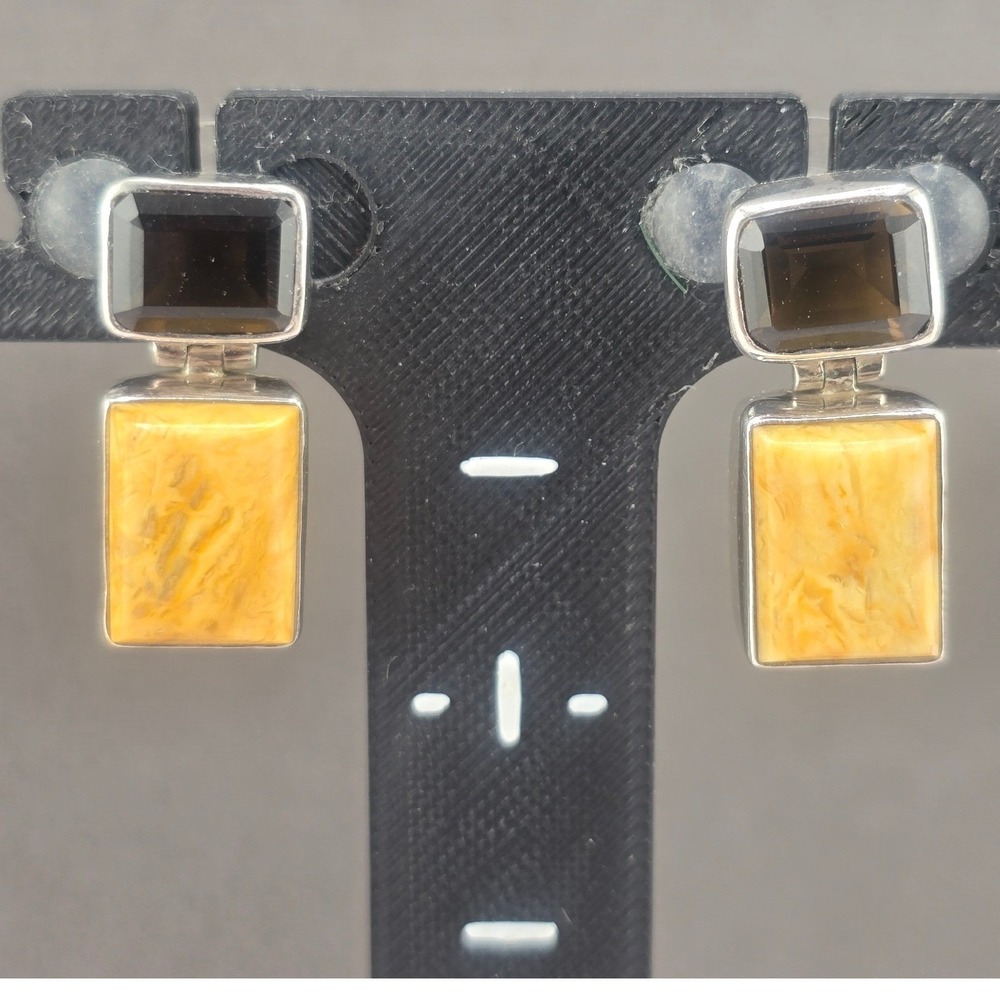 Vintage Estate PB Earrings Sterling Silver Smoky Yellow Dangle 0.8"